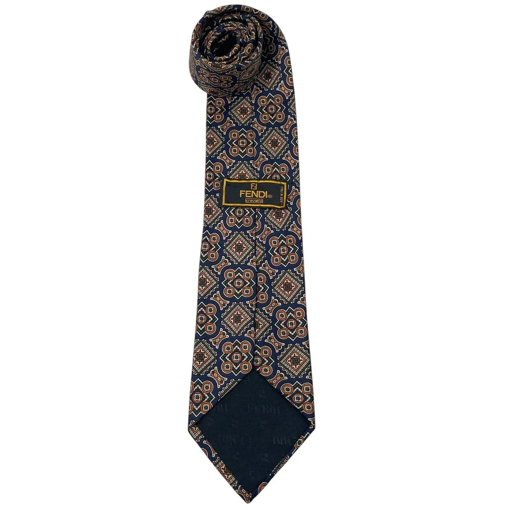 FENDI Cravatte Mens Silk Tie Navy Blue Orange Geometric Medallion Made in Italy‎